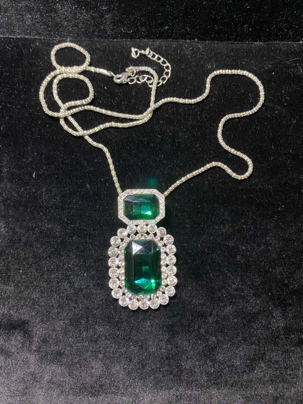 Vintage Silver tone Large Emerald cut Green Crystal Pendant Halo Clear Necklace